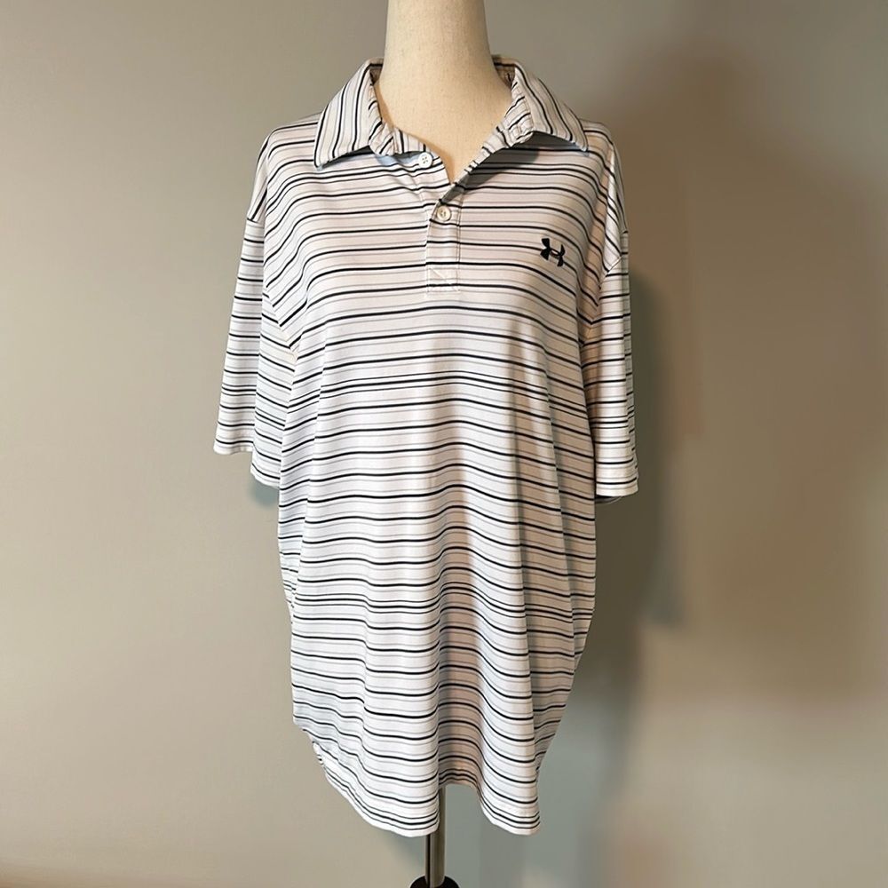 Sz L Under Armour white black grey striped polo heat gear loose